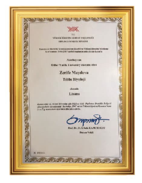 15.03.2017 ci il Türkiyə Yüksək Ögrətim Kurulu Zərifə Mayılovanı doktor olaraq rəsmən tanıdı