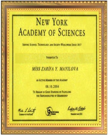 08.10.2004 tarixdə Nyu york akademiyasının diplomunu almışdır