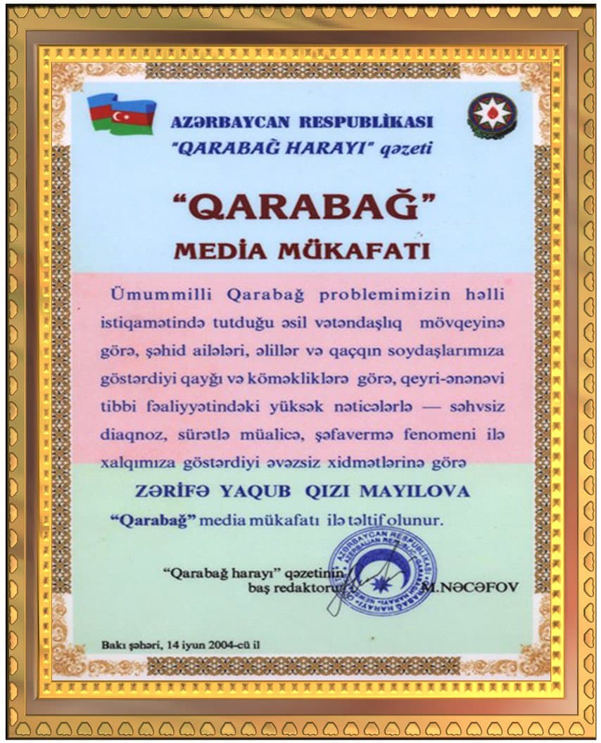 Qarabağ problemlərinin həlli istiqamətində tutduğu əsl vətəndaşlıq mövqeyinə görə Qarabağ media mükafatına laiq görülmüşdür.